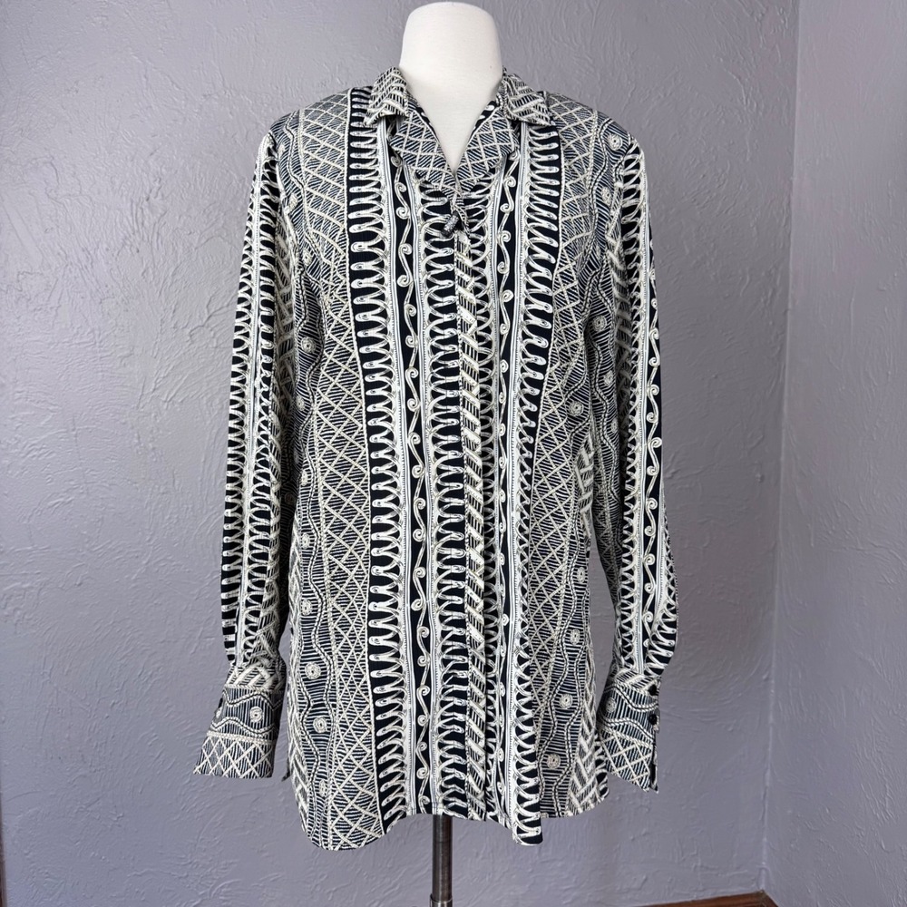 Vintage 90s large Baroque Scroll Print Button Down Shirt Black White gold L/S